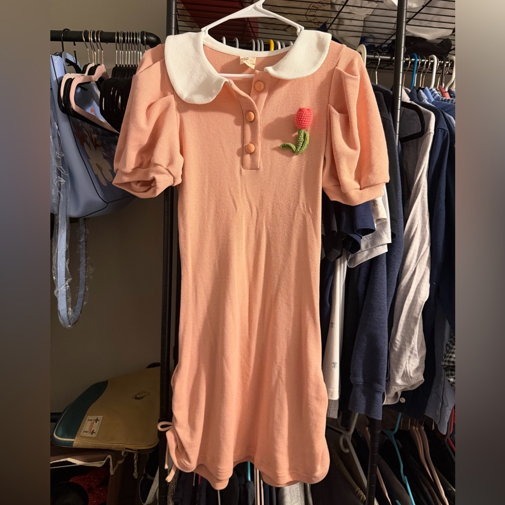 Peach Dress with White Collar and Tulip Crochet